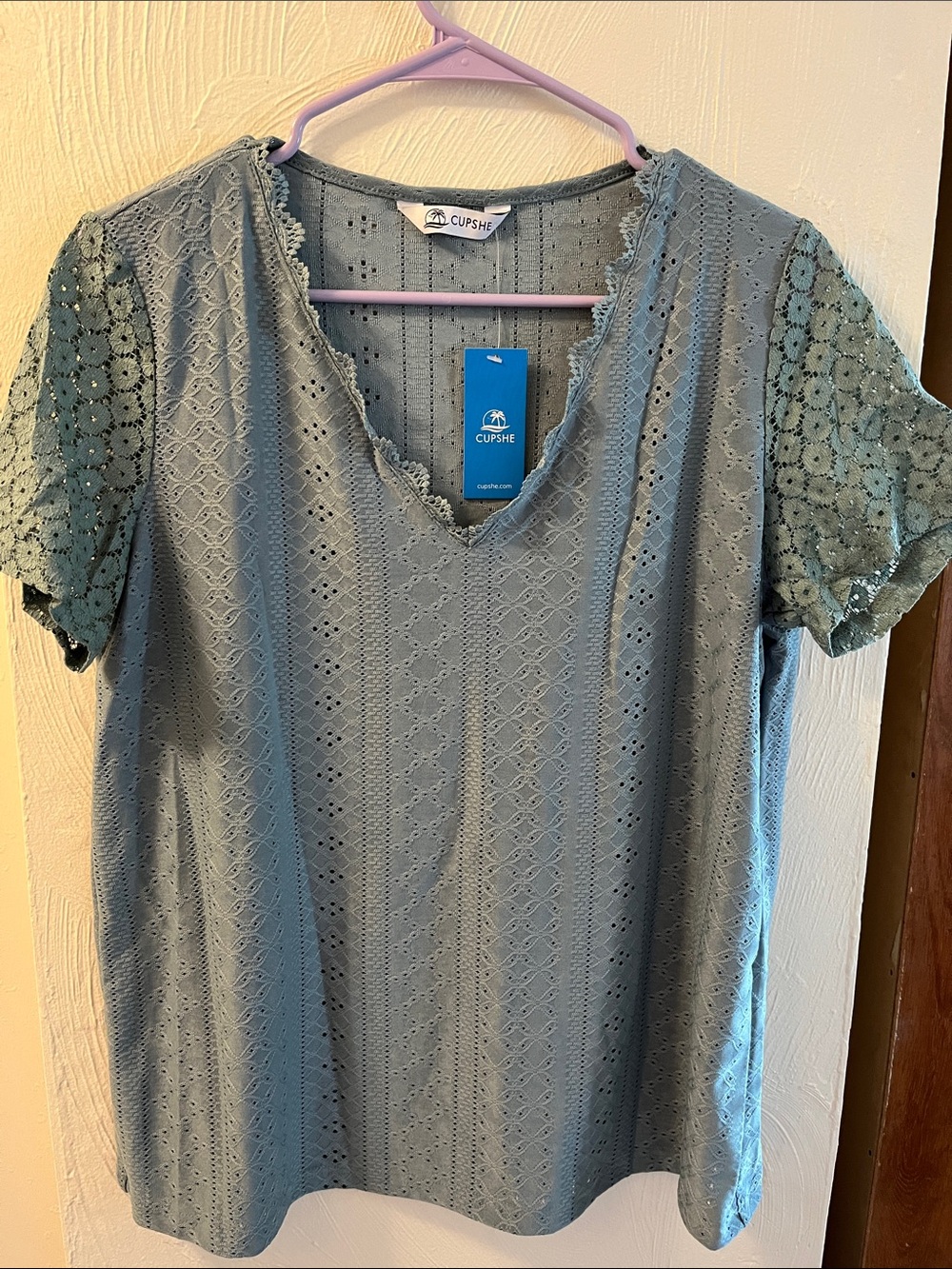 Cupshe Dusty Blue Lace Eyelet V-Neck Short Sleeve Top